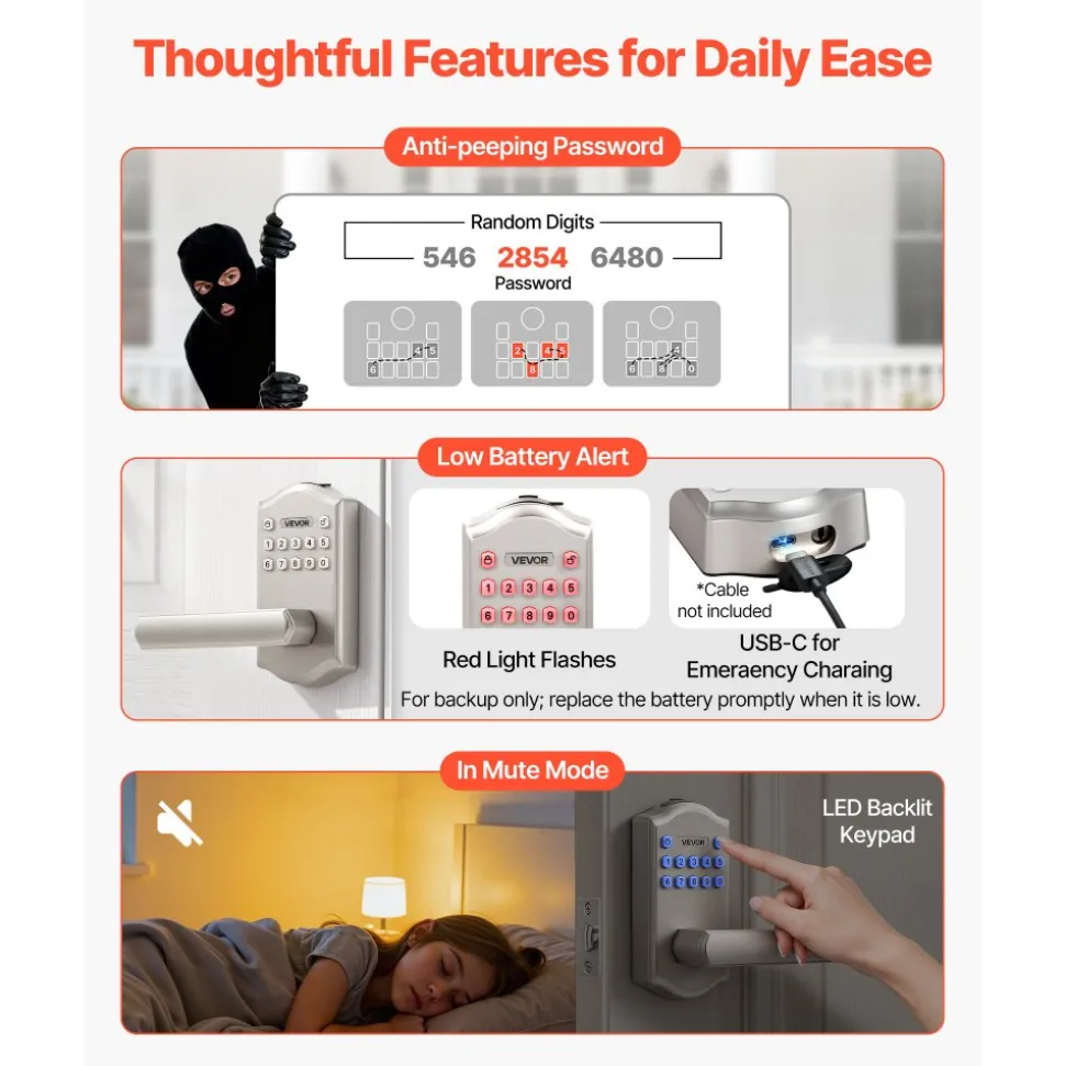 VEVOR Keyless Entry Door Lock with Handle, Electronic Lever Door Handle with Keypad, Customizable User Codes, Keyed Entry, Auto Lock, Anti-Peeking Password, Backlit Keypad, for Home, Satin Nickel
