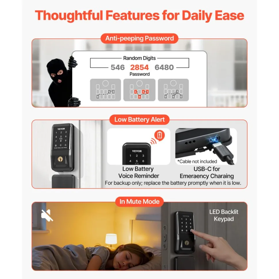 VEVOR Keyless Entry Door Lock with Handle Set, Touchpad Electronic Deadbolt with IC Card, Customizable User Codes, Keyed Entry, Auto Lock, Anti-Peeking Password, Backlit, for Home, Matte Black