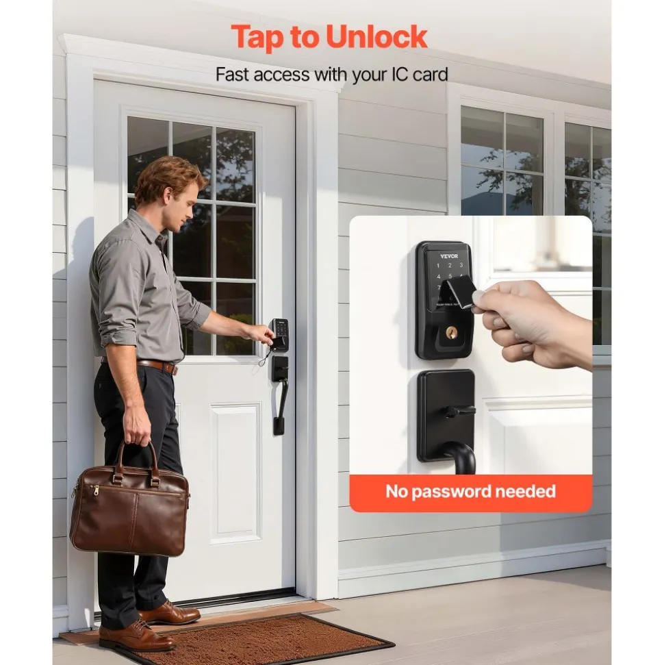 VEVOR Keyless Entry Door Lock with Handle Set, Touchpad Electronic Deadbolt with IC Card, Customizable User Codes, Keyed Entry, Auto Lock, Anti-Peeking Password, Backlit, for Home, Matte Black