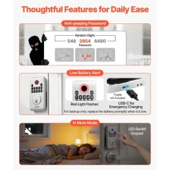 VEVOR Keyless Entry Door Lock with Handle Set, Electronic Keypad Deadbolt with Lever Handles, Pioneering Easy-Grip Design, Customizable User Codes, Keyed Entry, Auto Lock, Anti-Peeking, Silver