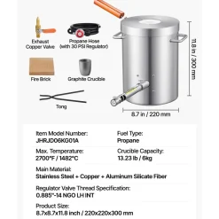 VEVOR 6KG Propane Melting Furnace Kit, Large Capacity Foundry Home Kilns, Blacksmithing Forge with Crucible & Tongs Kiln, Stainless Steel, For Metal Scrap Recycle, Gold Copper Silver Casting