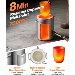 VEVOR 6KG Propane Melting Furnace Kit, Large Capacity Foundry Home Kilns, Blacksmithing Forge with Crucible & Tongs Kiln, Stainless Steel, For Metal Scrap Recycle, Gold Copper Silver Casting