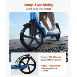 VEVOR Kick Scooter for Kids Ages 8+, Teens & Adults, 2-Wheel Toddler Scooter with Adjustable Height Handlebar, Wide Anti-Slip Deck, Foldable Lightweight Frame for Boys & Girls up to 220 lbs, Gray
