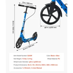 VEVOR Kick Scooter for Kids Ages 8+, Teens & Adults, 2-Wheel Toddler Scooter with Adjustable Height Handlebar, Wide Anti-Slip Deck, Foldable Lightweight Frame for Boys & Girls up to 220 lbs, Gray