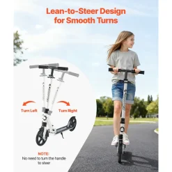 VEVOR Kick Scooter for Kids Ages 8+, Teens & Adults, 2-Wheel Toddler Scooter with Adjustable Height Handlebar, Wide Anti-Slip Deck, Foldable Lightweight for Boys & Girls up to 220 lbs, White + Black