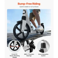 VEVOR Kick Scooter for Kids Ages 8+, Teens & Adults, 2-Wheel Toddler Scooter with Adjustable Height Handlebar, Wide Anti-Slip Deck, Foldable Lightweight for Boys & Girls up to 220 lbs, White + Black