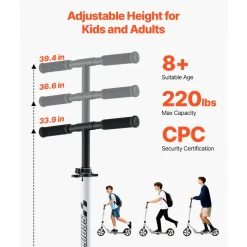 VEVOR Kick Scooter for Kids Ages 8+, Teens & Adults, 2-Wheel Toddler Scooter with Adjustable Height Handlebar, Wide Anti-Slip Deck, Foldable Lightweight for Boys & Girls up to 220 lbs, White + Black