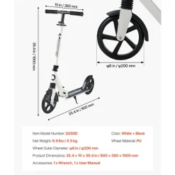 VEVOR Kick Scooter for Kids Ages 8+, Teens & Adults, 2-Wheel Toddler Scooter with Adjustable Height Handlebar, Wide Anti-Slip Deck, Foldable Lightweight for Boys & Girls up to 220 lbs, White + Black