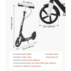 VEVOR Kick Scooter for Kids Ages 8+, Teens & Adults, 2-Wheel Toddler Scooter with Adjustable Height Handlebar, Wide Anti-Slip Deck, Foldable Lightweight for Boys & Girls up to 220 lbs, Black + Silver