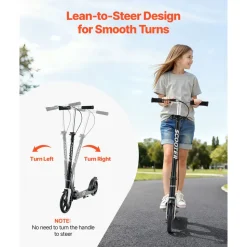 VEVOR Kick Scooter for Kids Ages 8+, Teens & Adults, 2-Wheel Toddler Scooter with Adjustable Height Handlebar, Wide Anti-Slip Deck, Foldable Lightweight for Boys & Girls up to 220 lbs, Black + Silver