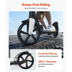 VEVOR Kick Scooter for Kids Ages 8+, Teens & Adults, 2-Wheel Toddler Scooter with Adjustable Height Handlebar, Wide Anti-Slip Deck, Foldable Lightweight for Boys & Girls up to 220 lbs, Black + Silver