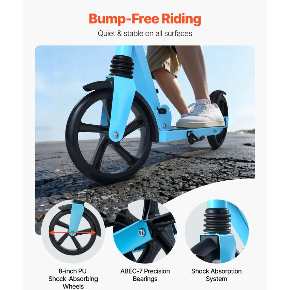 VEVOR Kick Scooter for Kids Ages 8+, Teens & Adults, 2-Wheel Toddler Scooter with Adjustable Height Handlebar, Wide Anti-Slip Deck, Foldable Lightweight for Boys & Girls up to 220 lbs, Blue + Black