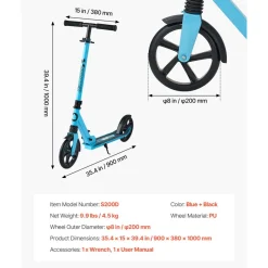 VEVOR Kick Scooter for Kids Ages 8+, Teens & Adults, 2-Wheel Toddler Scooter with Adjustable Height Handlebar, Wide Anti-Slip Deck, Foldable Lightweight for Boys & Girls up to 220 lbs, Blue + Black