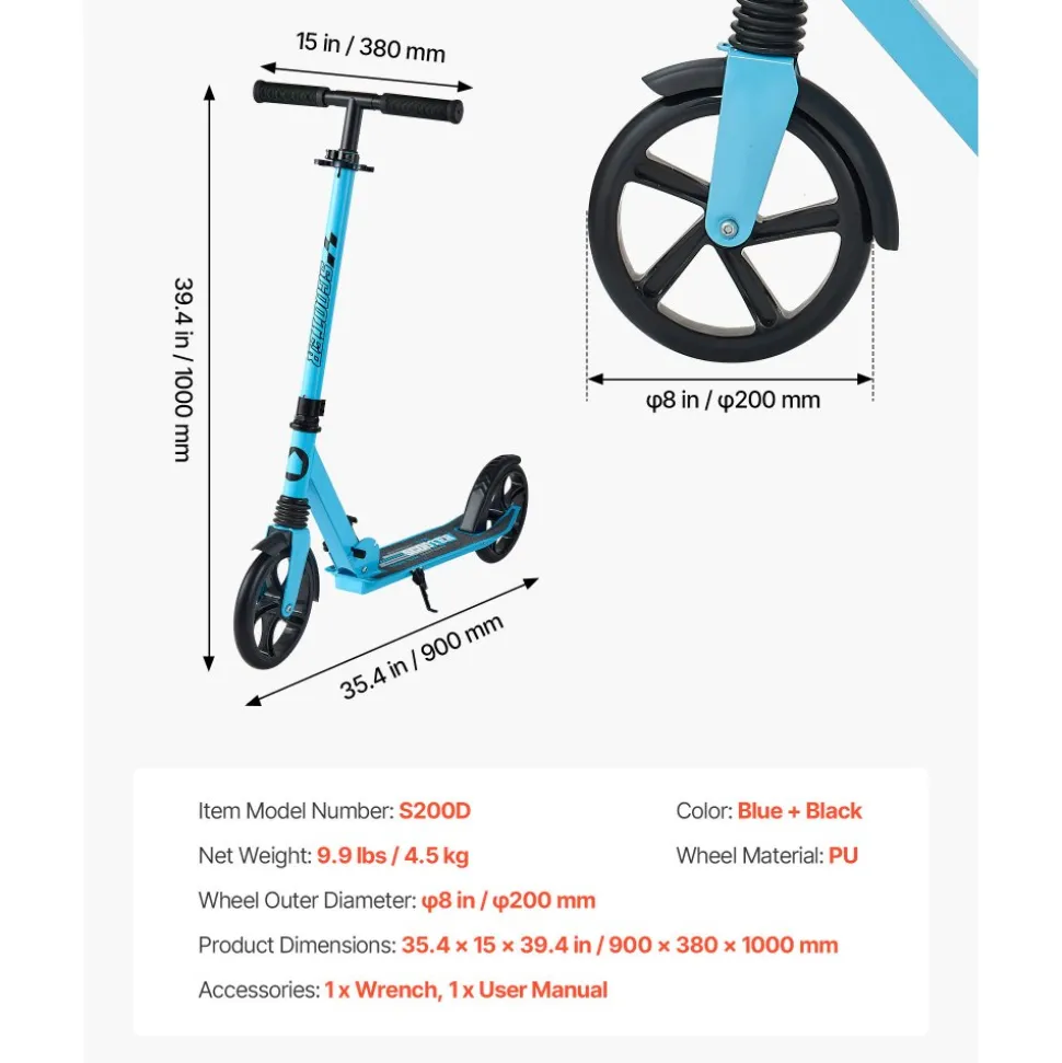 VEVOR Kick Scooter for Kids Ages 8+, Teens & Adults, 2-Wheel Toddler Scooter with Adjustable Height Handlebar, Wide Anti-Slip Deck, Foldable Lightweight for Boys & Girls up to 220 lbs, Blue + Black
