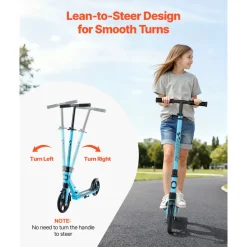 VEVOR Kick Scooter for Kids Ages 8+, Teens & Adults, 2-Wheel Toddler Scooter with Adjustable Height Handlebar, Wide Anti-Slip Deck, Foldable Lightweight for Boys & Girls up to 220 lbs, Blue + Black