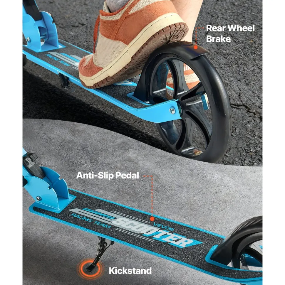 VEVOR Kick Scooter for Kids Ages 8+, Teens & Adults, 2-Wheel Toddler Scooter with Adjustable Height Handlebar, Wide Anti-Slip Deck, Foldable Lightweight for Boys & Girls up to 220 lbs, Blue + Black
