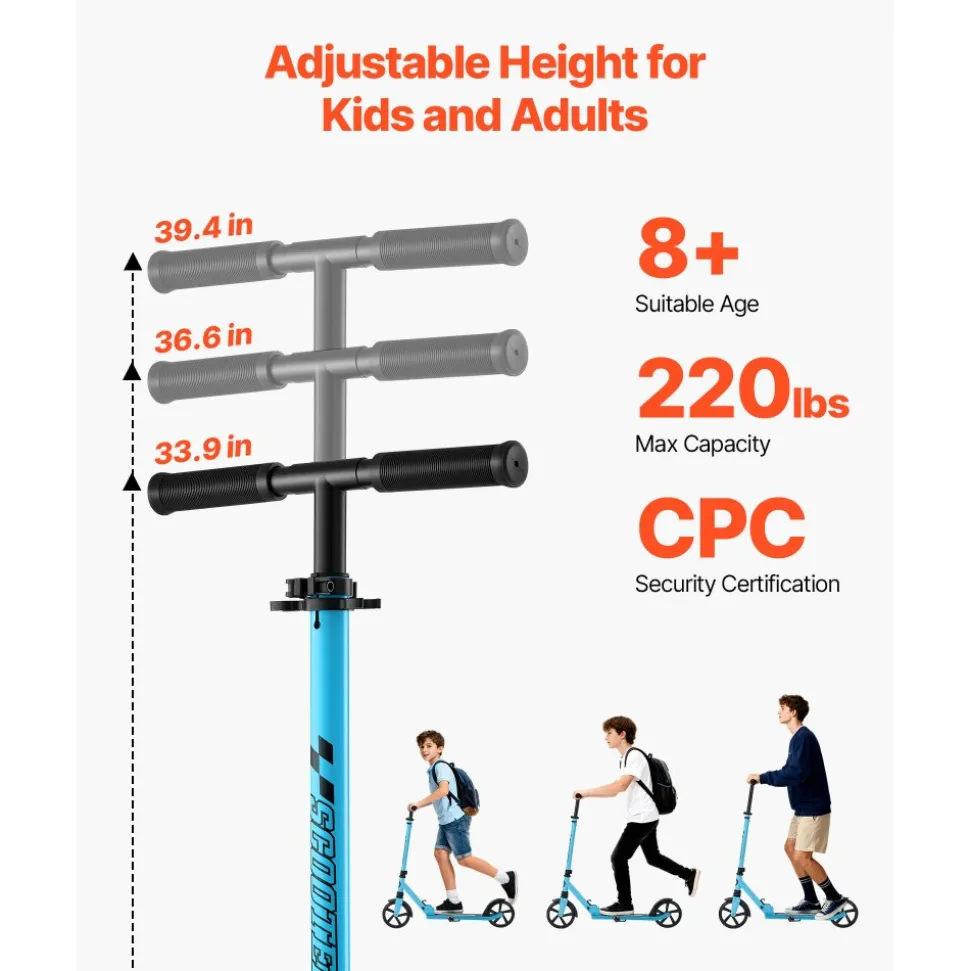 VEVOR Kick Scooter for Kids Ages 8+, Teens & Adults, 2-Wheel Toddler Scooter with Adjustable Height Handlebar, Wide Anti-Slip Deck, Foldable Lightweight for Boys & Girls up to 220 lbs, Blue + Black