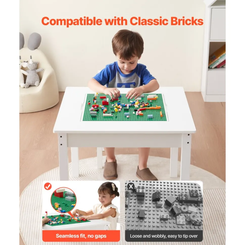 VEVOR Kids Activity Table and 2 Chairs Set, Building Blocks Double-Sided Tabletop, Toddler Table and Chair Set with Storage for Kids 3+ Years, Large Storage Space, Present for Boys & Girls, White
