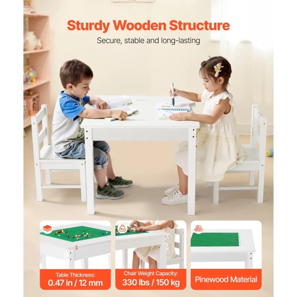VEVOR Kids Activity Table and 2 Chairs Set, Building Blocks Double-Sided Tabletop, Toddler Table and Chair Set with Storage for Kids 3+ Years, Large Storage Space, Present for Boys & Girls, White