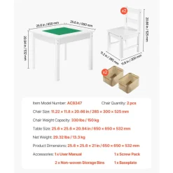 VEVOR Kids Activity Table and 2 Chairs Set, Building Blocks Double-Sided Tabletop, Toddler Table and Chair Set with Storage for Kids 3+ Years, Large Storage Space, Present for Boys & Girls, White
