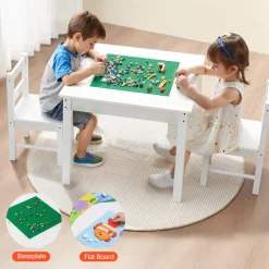 VEVOR Kids Activity Table and 2 Chairs Set, Building Blocks Double-Sided Tabletop, Toddler Table and Chair Set with Storage for Kids 3+ Years, Large Storage Space, Present for Boys & Girls, White