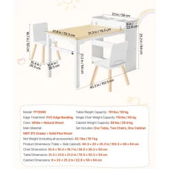 VEVOR Kids Art Table and Chair Set, Toddler Craft Table with 3 Tiers Storage Cabinet, Wooden Kids Activity Play Desk with 2 Chairs, Art Craft Play Desk for Reading, Learning, Drawing, Writing, White