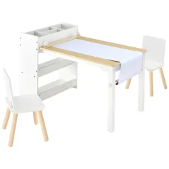 VEVOR Kids Art Table and Chair Set, Toddler Craft Table with 3 Tiers Storage Cabinet, Wooden Kids Activity Play Desk with 2 Chairs, Art Craft Play Desk for Reading, Learning, Drawing, Writing, White