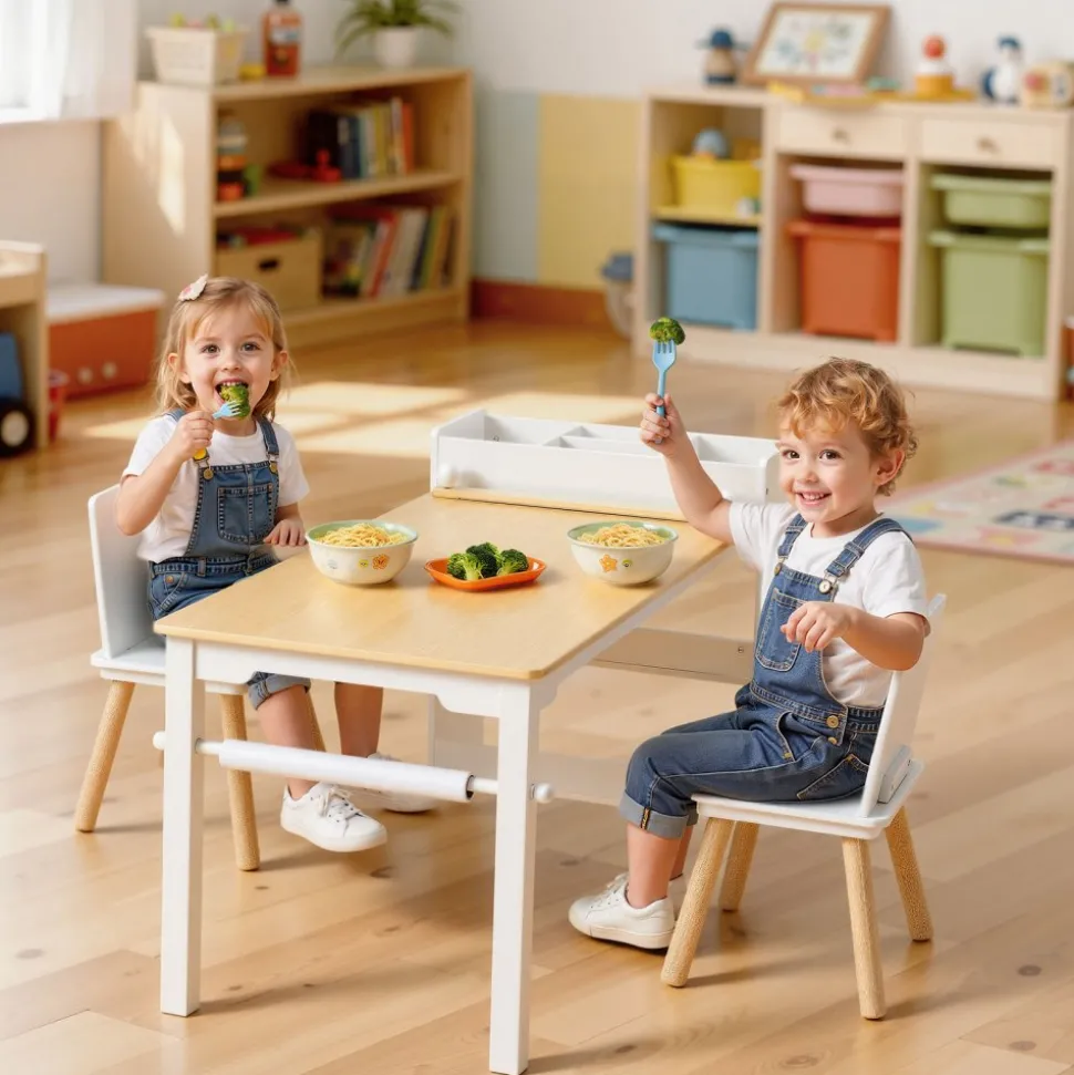 VEVOR Kids Art Table and Chair Set, Toddler Craft Table with 3 Tiers Storage Cabinet, Wooden Kids Activity Play Desk with 2 Chairs, Art Craft Play Desk for Reading, Learning, Drawing, Writing, White