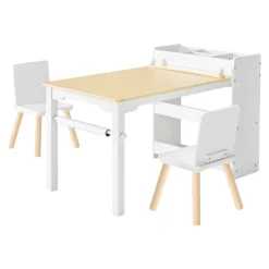 VEVOR Kids Art Table and Chair Set, Toddler Craft Table with 3 Tiers Storage Cabinet, Wooden Kids Activity Play Desk with 2 Chairs, Art Craft Play Desk for Reading, Learning, Drawing, Writing, White