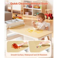 VEVOR Kids Art Table and Chair Set, Toddler Craft Table with 3 Tiers Storage Cabinet, Wooden Kids Activity Play Desk with 2 Chairs, Art Craft Play Desk for Reading, Learning, Drawing, Writing, White