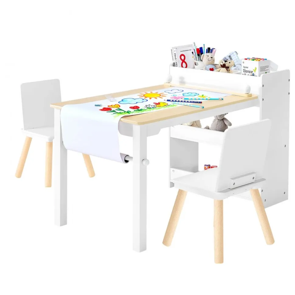 VEVOR Kids Art Table and Chair Set, Toddler Craft Table with 3 Tiers Storage Cabinet, Wooden Kids Activity Play Desk with 2 Chairs, Art Craft Play Desk for Reading, Learning, Drawing, Writing, White