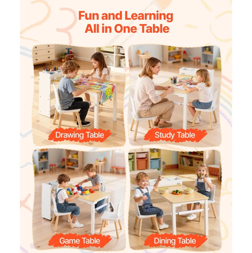VEVOR Kids Art Table and Chair Set, Toddler Craft Table with 3 Tiers Storage Cabinet, Wooden Kids Activity Play Desk with 2 Chairs, Art Craft Play Desk for Reading, Learning, Drawing, Writing, White