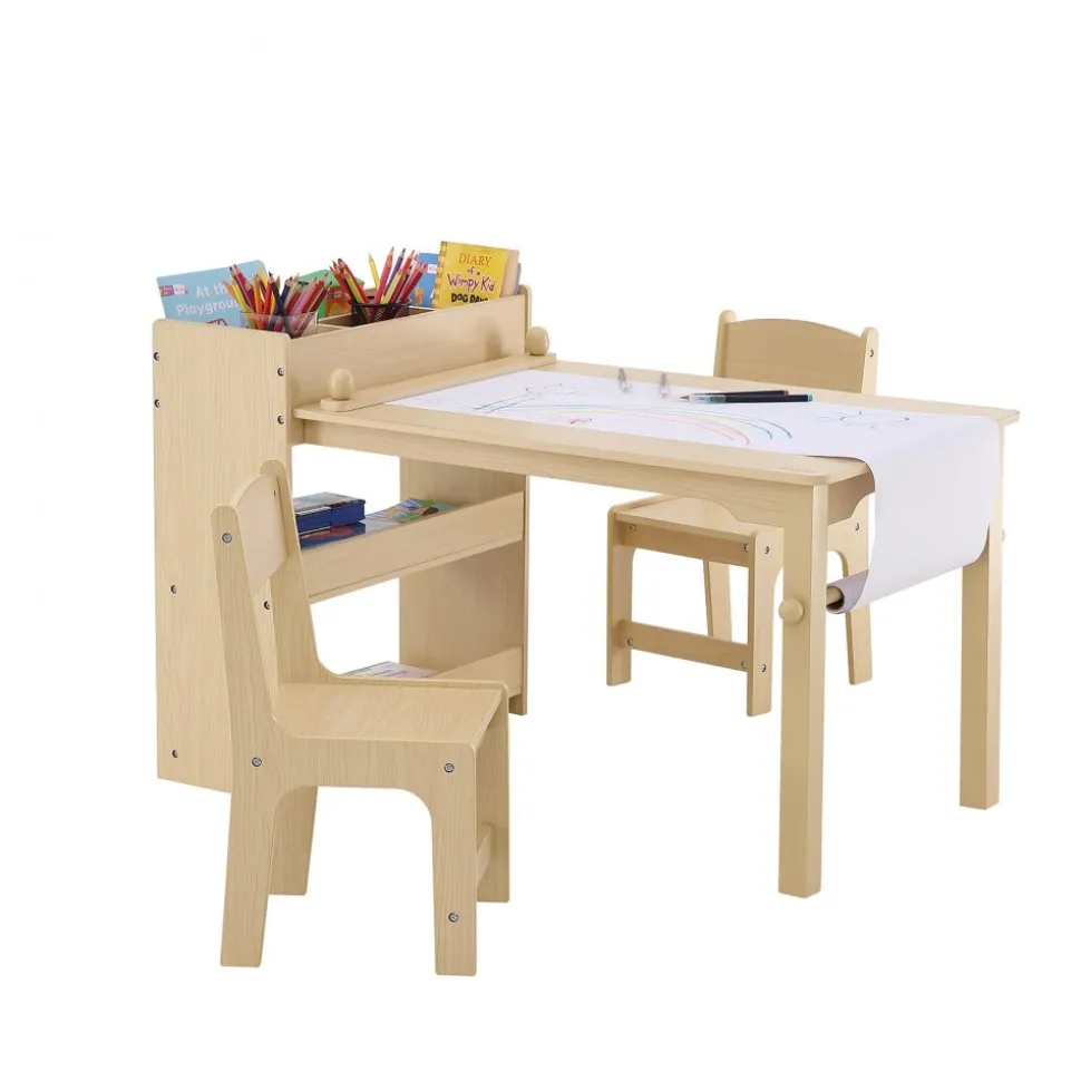 VEVOR Kids Art Table and 2 Chairs, 2-in-1 Toddler Craft and Play Activity Table, Wood Toddler Table and Chair Set with A Cabinet for Art, Craft, Reading, Learning