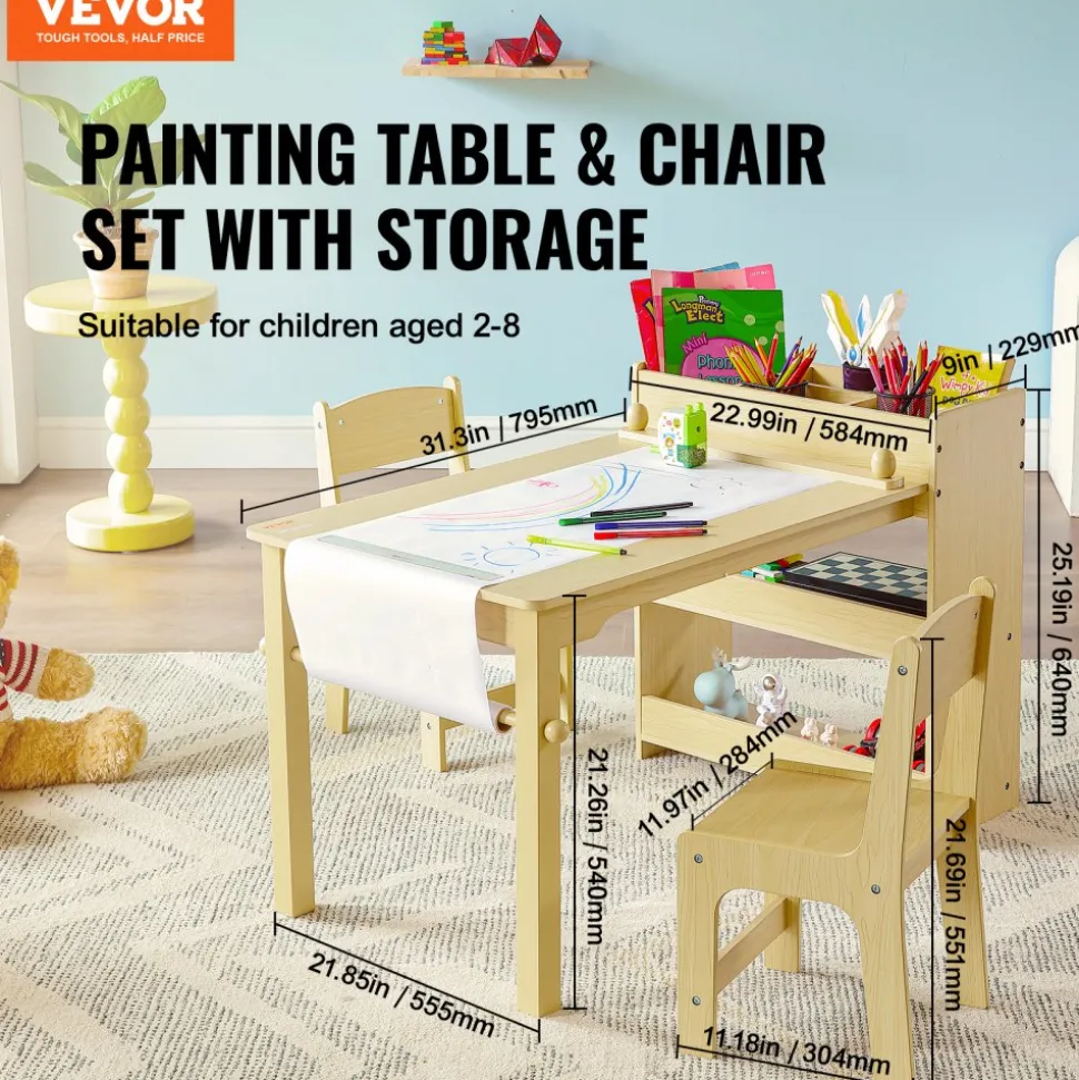VEVOR Kids Art Table and 2 Chairs, 2-in-1 Toddler Craft and Play Activity Table, Wood Toddler Table and Chair Set with A Cabinet for Art, Craft, Reading, Learning