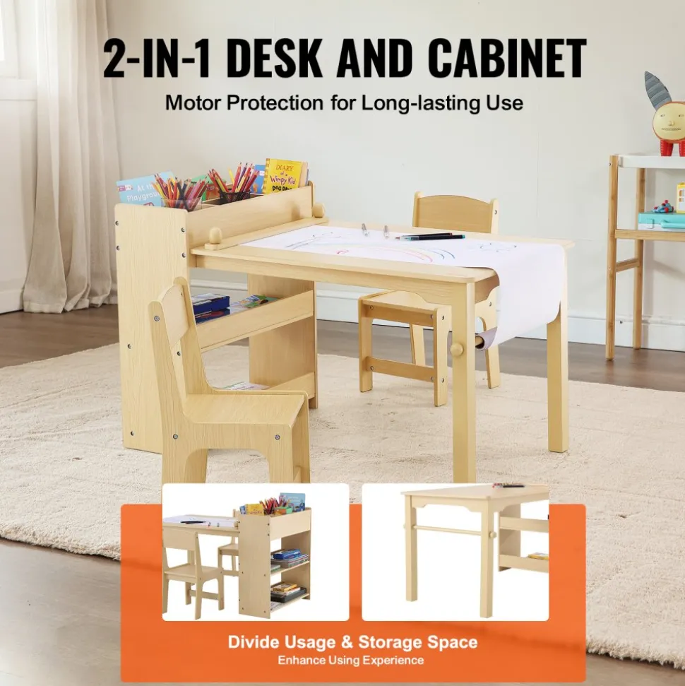 VEVOR Kids Art Table and 2 Chairs, 2-in-1 Toddler Craft and Play Activity Table, Wood Toddler Table and Chair Set with A Cabinet for Art, Craft, Reading, Learning