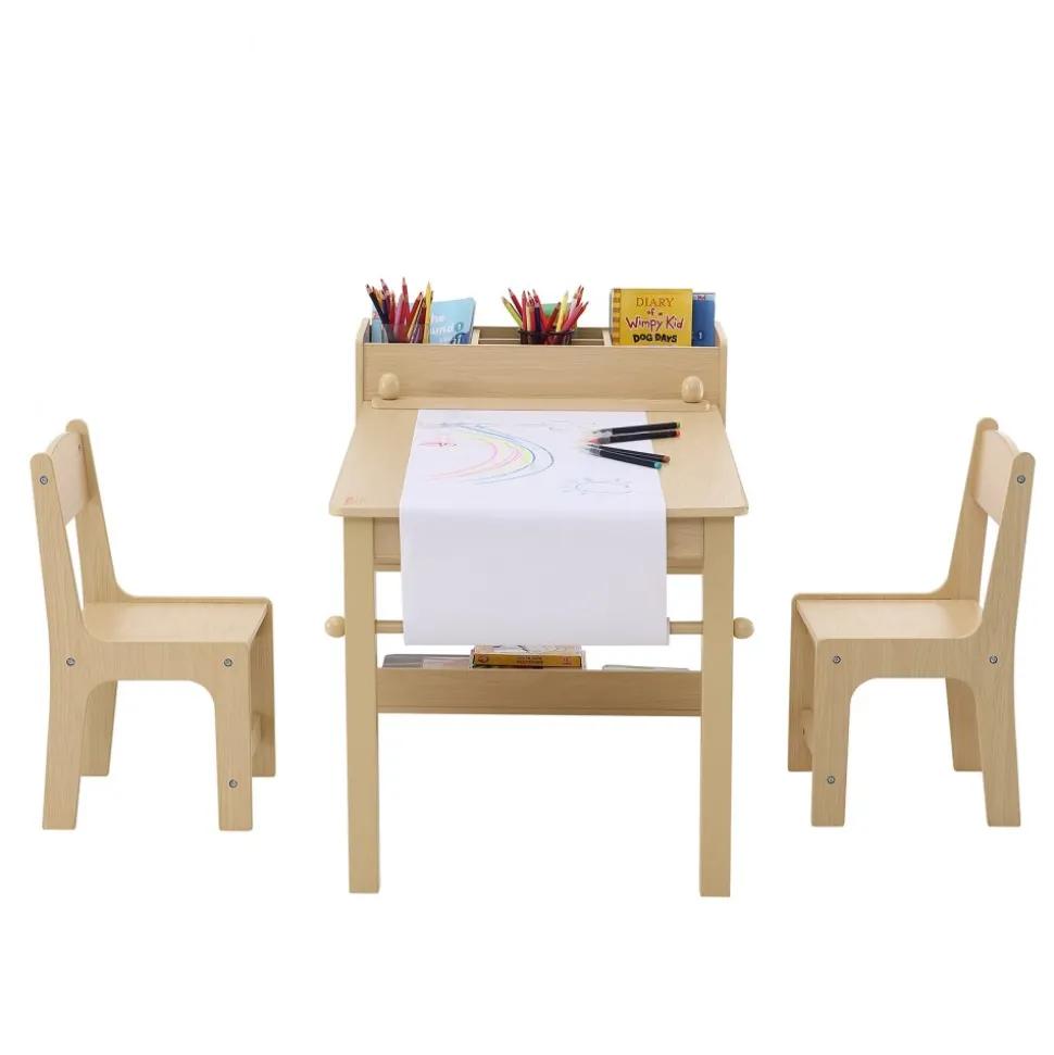 VEVOR Kids Art Table and 2 Chairs, 2-in-1 Toddler Craft and Play Activity Table, Wood Toddler Table and Chair Set with A Cabinet for Art, Craft, Reading, Learning
