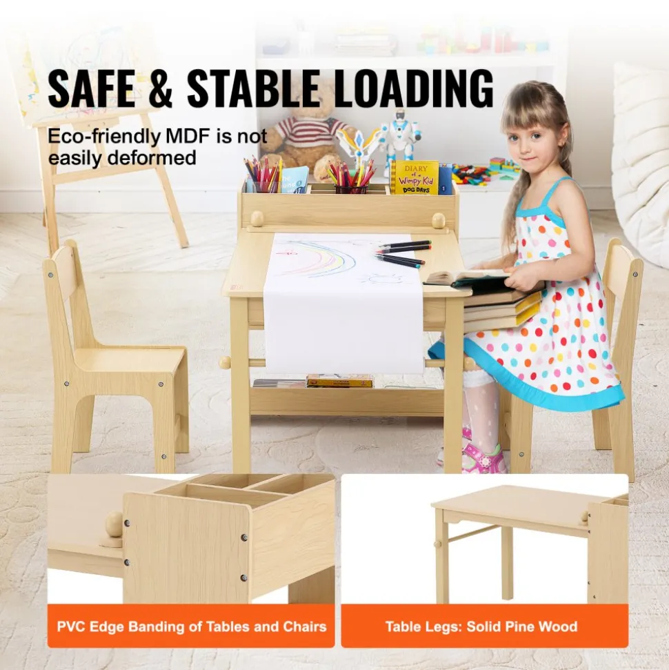 VEVOR Kids Art Table and 2 Chairs, 2-in-1 Toddler Craft and Play Activity Table, Wood Toddler Table and Chair Set with A Cabinet for Art, Craft, Reading, Learning