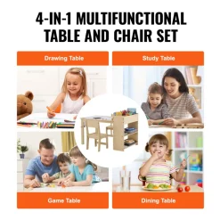 VEVOR Kids Art Table and 2 Chairs, 2-in-1 Toddler Craft and Play Activity Table, Wood Toddler Table and Chair Set with A Cabinet for Art, Craft, Reading, Learning