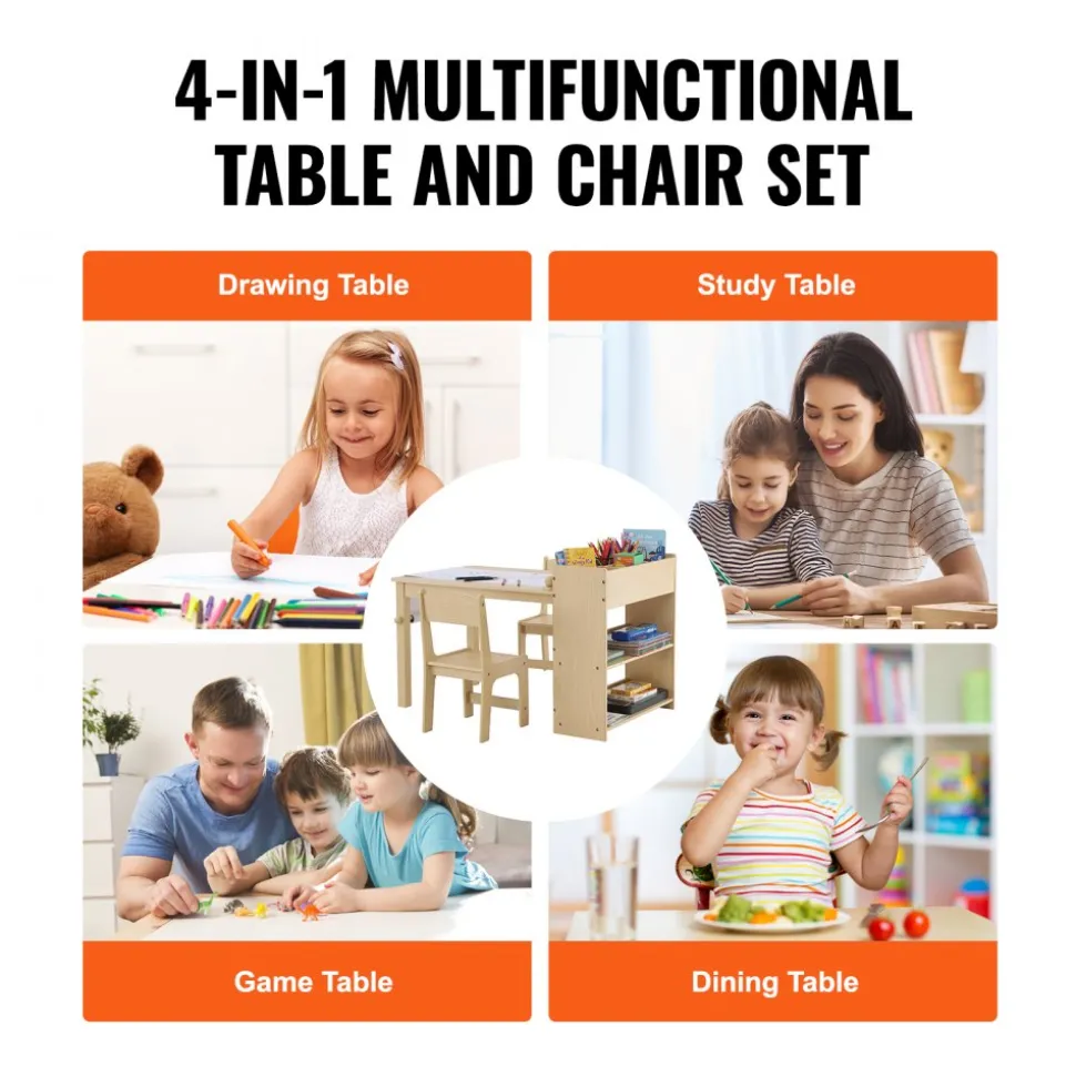 VEVOR Kids Art Table and 2 Chairs, 2-in-1 Toddler Craft and Play Activity Table, Wood Toddler Table and Chair Set with A Cabinet for Art, Craft, Reading, Learning