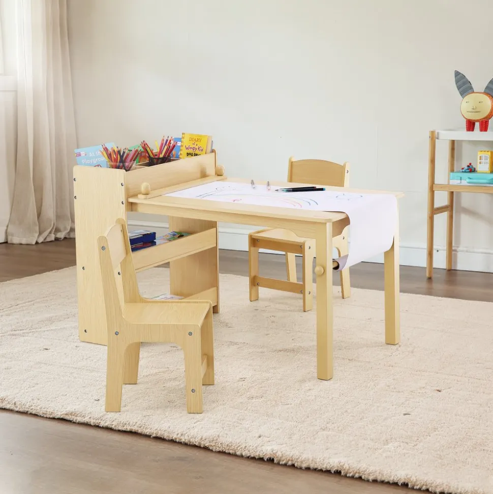 VEVOR Kids Art Table and 2 Chairs, 2-in-1 Toddler Craft and Play Activity Table, Wood Toddler Table and Chair Set with A Cabinet for Art, Craft, Reading, Learning