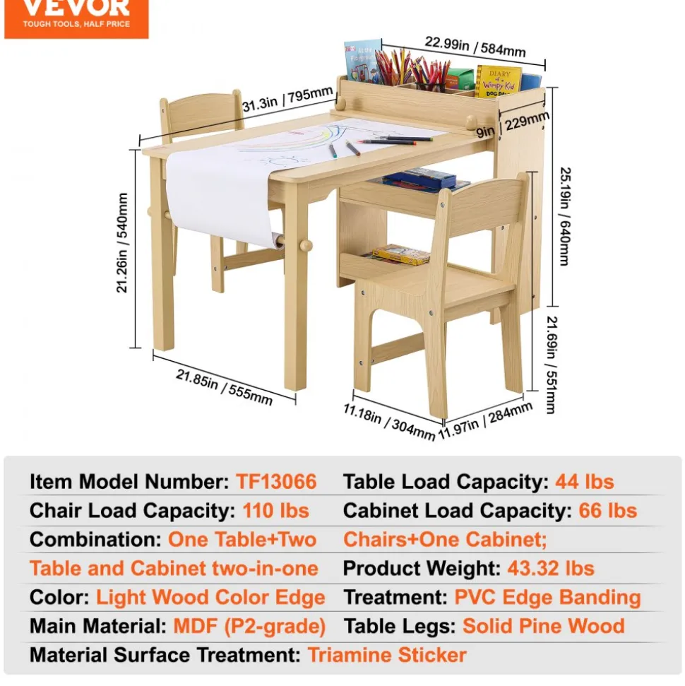 VEVOR Kids Art Table and 2 Chairs, 2-in-1 Toddler Craft and Play Activity Table, Wood Toddler Table and Chair Set with A Cabinet for Art, Craft, Reading, Learning