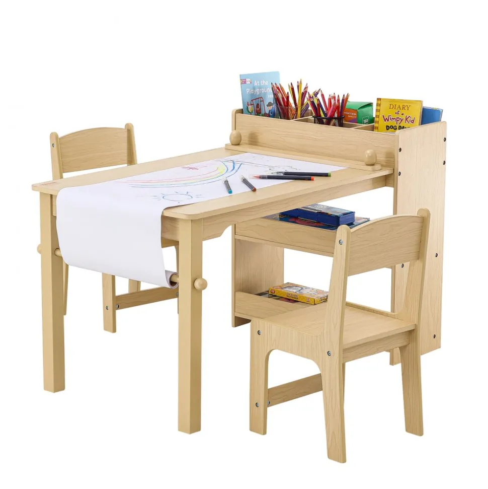 VEVOR Kids Art Table and 2 Chairs, 2-in-1 Toddler Craft and Play Activity Table, Wood Toddler Table and Chair Set with A Cabinet for Art, Craft, Reading, Learning