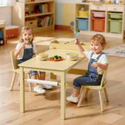 VEVOR Kids Art Table and Chair Set, Toddler Craft Table with 3 Tiers Storage Cabinet, Wooden Kids Activity Play Desk with 2 Chairs, Craft Play Desk for Reading, Learning, Drawing, Writing, Light Wood