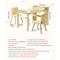 VEVOR Kids Art Table and Chair Set, Toddler Craft Table with 3 Tiers Storage Cabinet, Wooden Kids Activity Play Desk with 2 Chairs, Craft Play Desk for Reading, Learning, Drawing, Writing, Light Wood