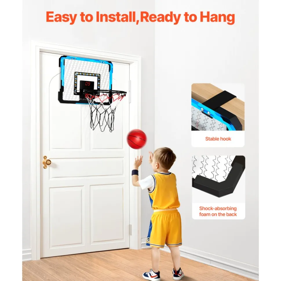 VEVOR Kids Basketball Hoop, Mini Basketball Goal with Electronic Scoreboard, Over The Door Basketball Hoop with Scoring & Music Accompaniment Functions, LED Light, Indoor Basketball Hoop for Kids 3+