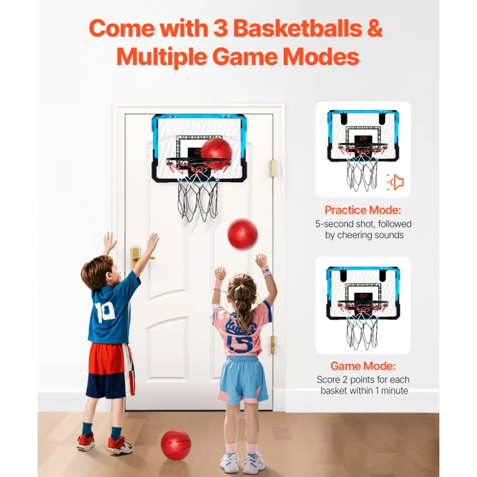 VEVOR Kids Basketball Hoop, Mini Basketball Goal with Electronic Scoreboard, Over The Door Basketball Hoop with Scoring & Music Accompaniment Functions, LED Light, Indoor Basketball Hoop for Kids 3+
