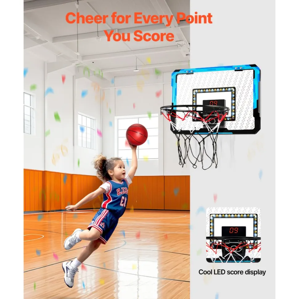 VEVOR Kids Basketball Hoop, Mini Basketball Goal with Electronic Scoreboard, Over The Door Basketball Hoop with Scoring & Music Accompaniment Functions, LED Light, Indoor Basketball Hoop for Kids 3+
