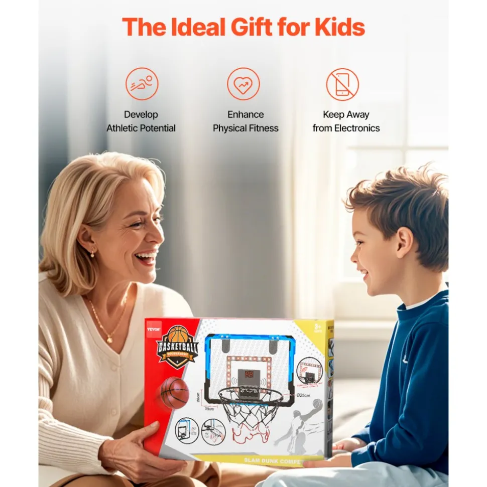 VEVOR Kids Basketball Hoop, Mini Basketball Goal with Electronic Scoreboard, Over The Door Basketball Hoop with Scoring & Music Accompaniment Functions, LED Light, Indoor Basketball Hoop for Kids 3+
