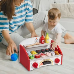 VEVOR Kids BBQ Grill Playset, Wooden Grill Playset With Realistic Carbon Fire, Wooden Play Food Kitchen Accessory (26 PCS), Indoor/Outdoor Interactive Pretend Play Toys for Boys Girls Ages 3+ Gift