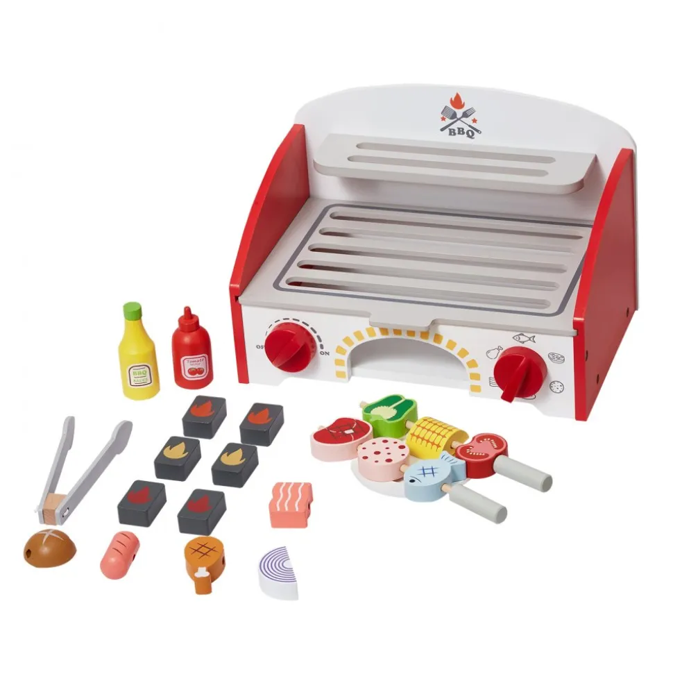 VEVOR Kids BBQ Grill Playset, Wooden Grill Playset With Realistic Carbon Fire, Wooden Play Food Kitchen Accessory (26 PCS), Indoor/Outdoor Interactive Pretend Play Toys for Boys Girls Ages 3+ Gift